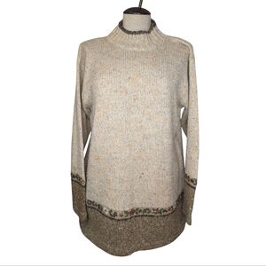 Vintage Inspired Knit Sweater Floral Hem Mock Neck Wool Blend G/L